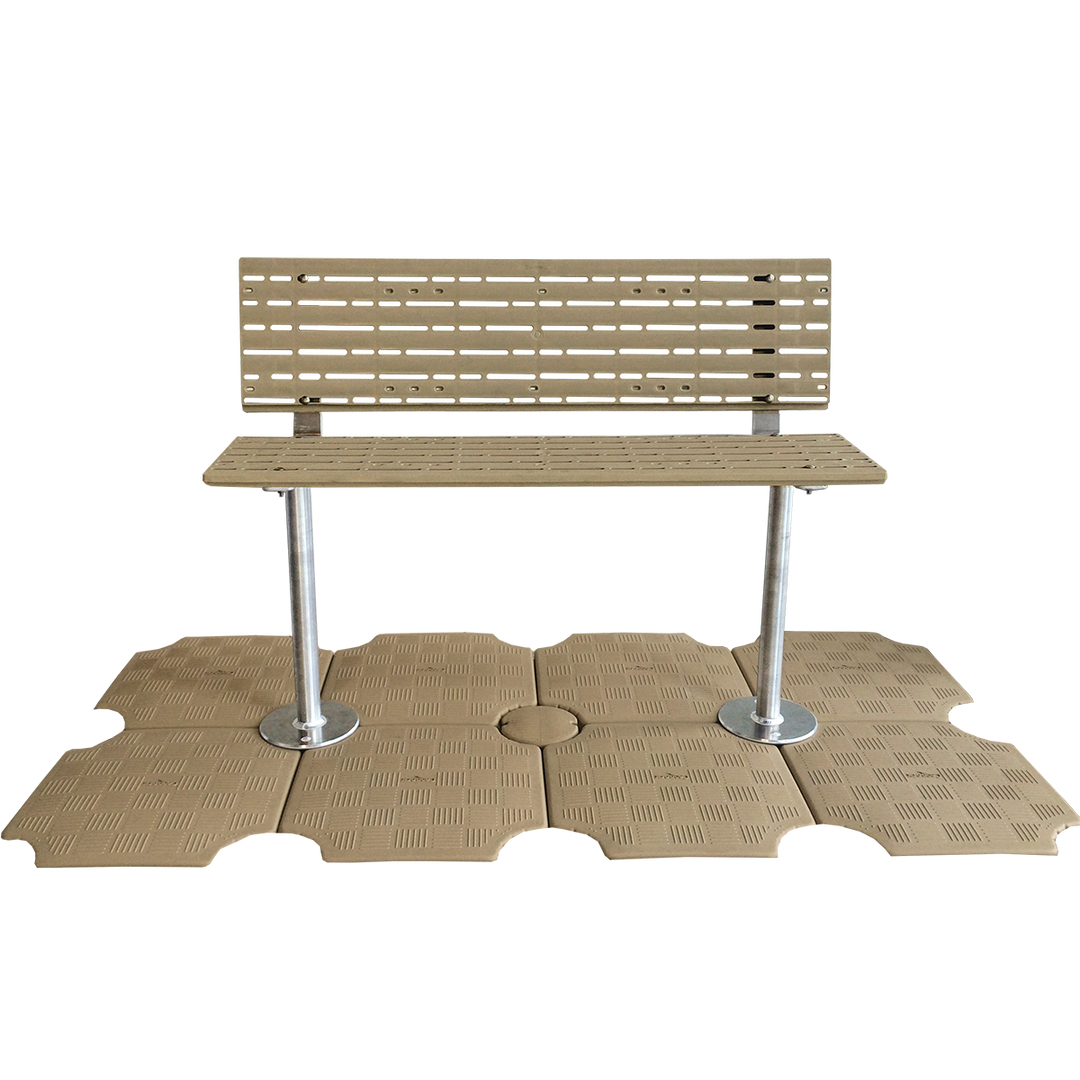 Aluminum dock bench with plastic seat and backrest, designed to blend seamlessly with your dock and add an elegant touch to any waterfront.