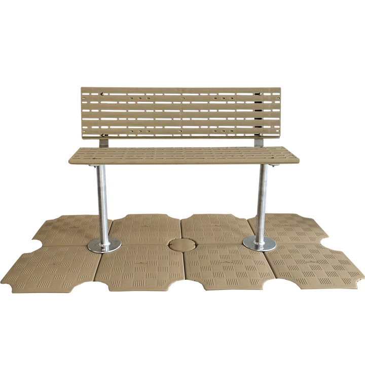 Aluminum dock bench with plastic seat and backrest, designed to blend seamlessly with your dock and add an elegant touch to any waterfront.
