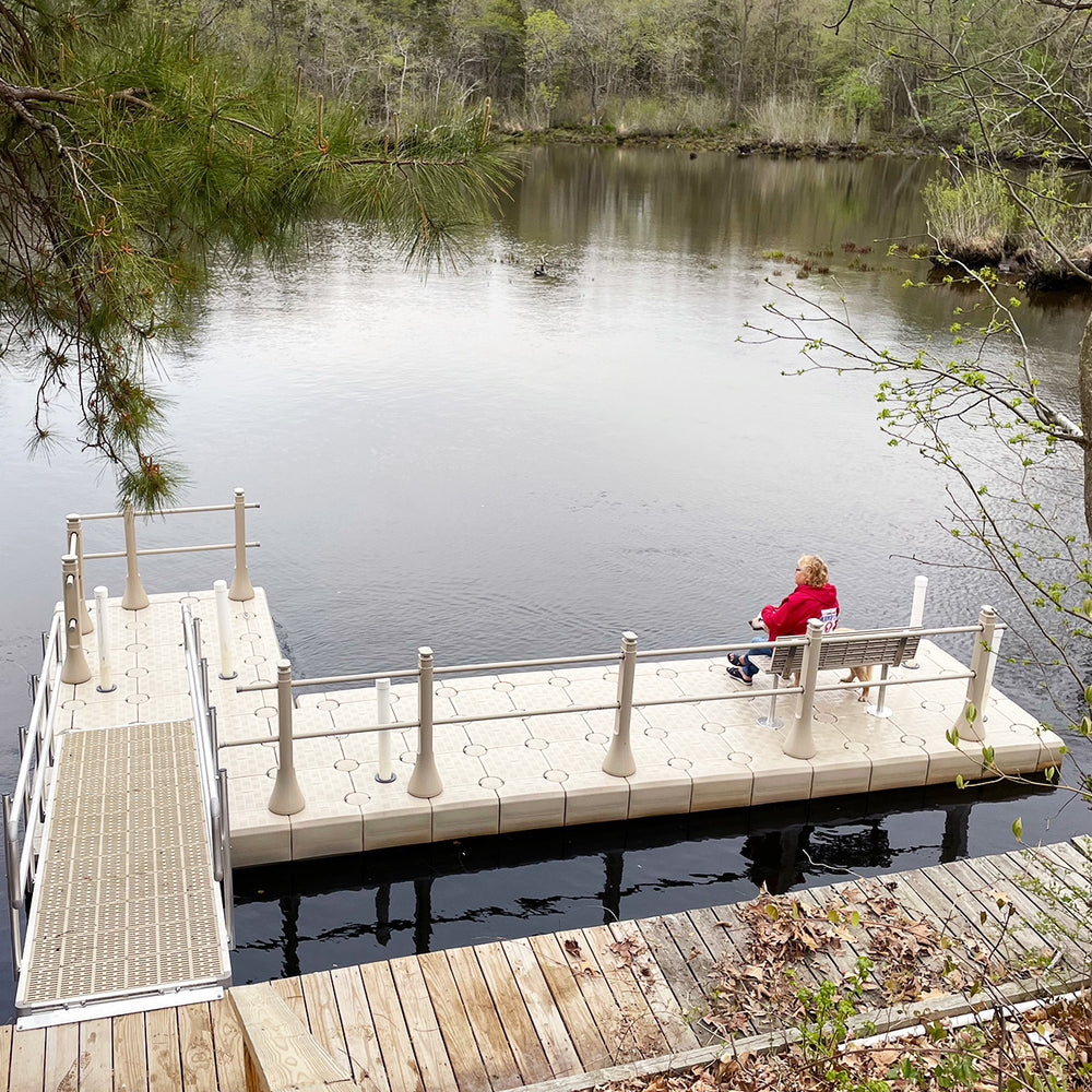 Sleek aluminum bench with a plastic seat and backrest, providing a stylish and versatile addition to your dock, enhancing the waterfront experience
