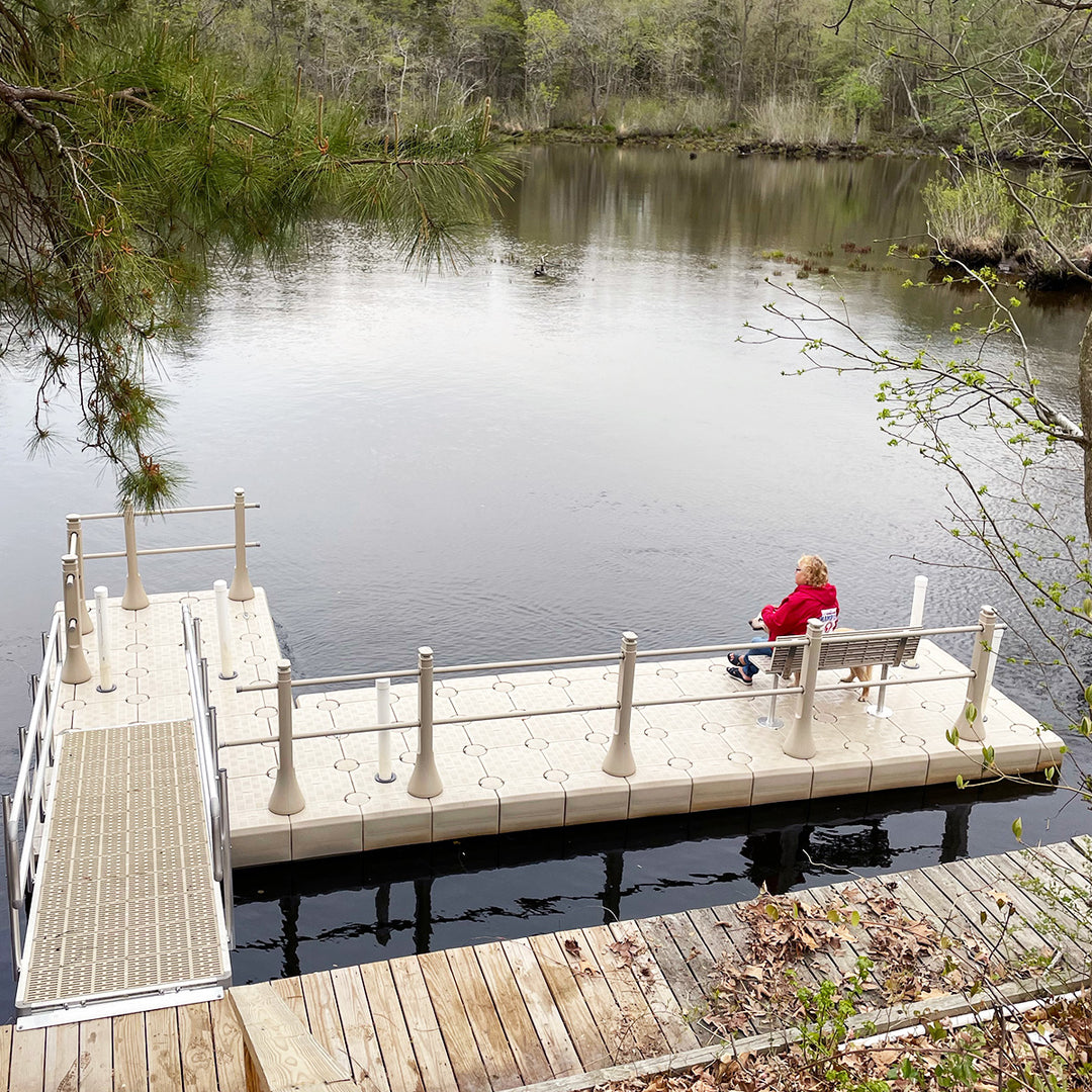 Sleek aluminum bench with a plastic seat and backrest, providing a stylish and versatile addition to your dock, enhancing the waterfront experience