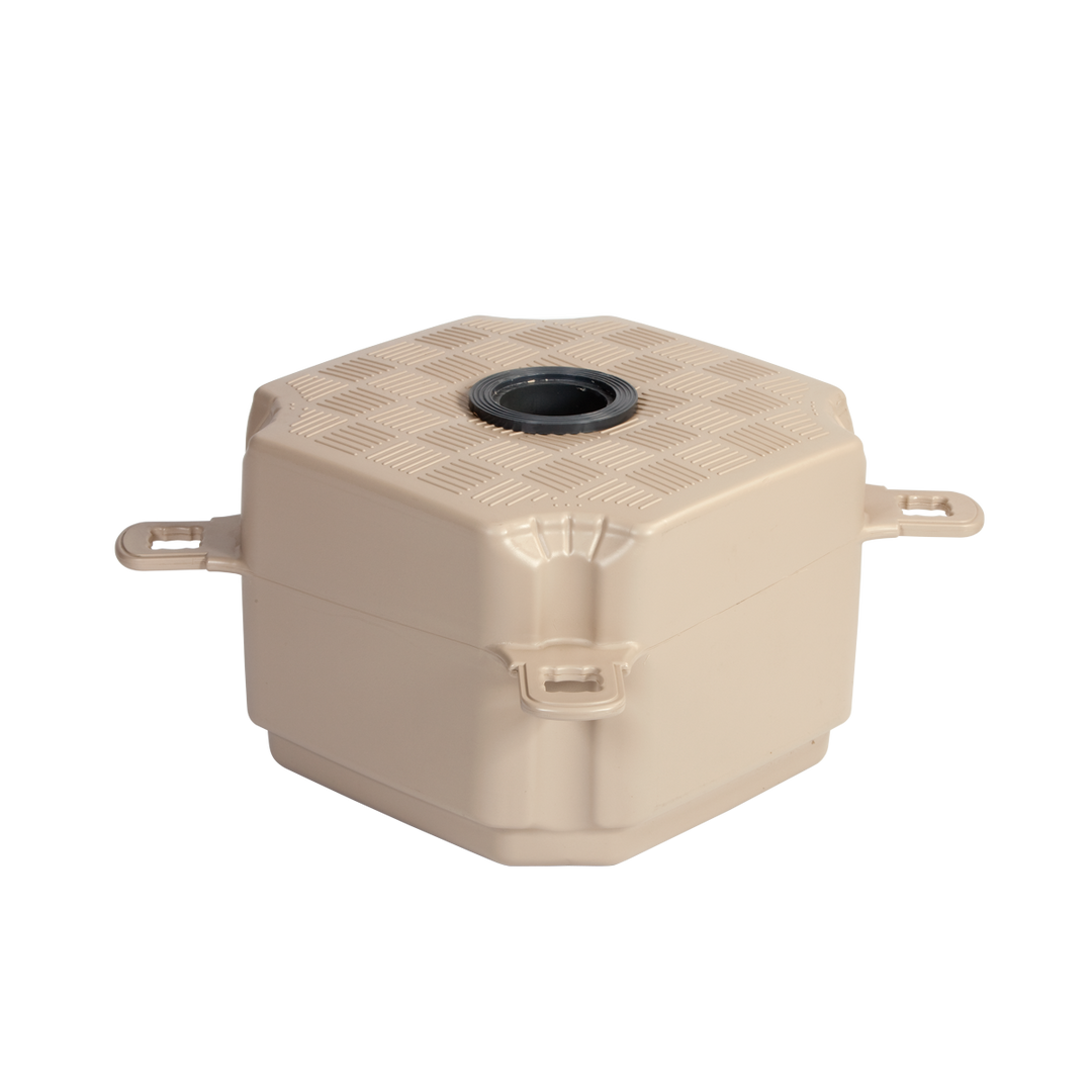 Post cube for secure dock anchoring, featuring a cylindrical opening for 2 7/8" galvanized steel pipe and a PVC cover for enhanced stability and movement.