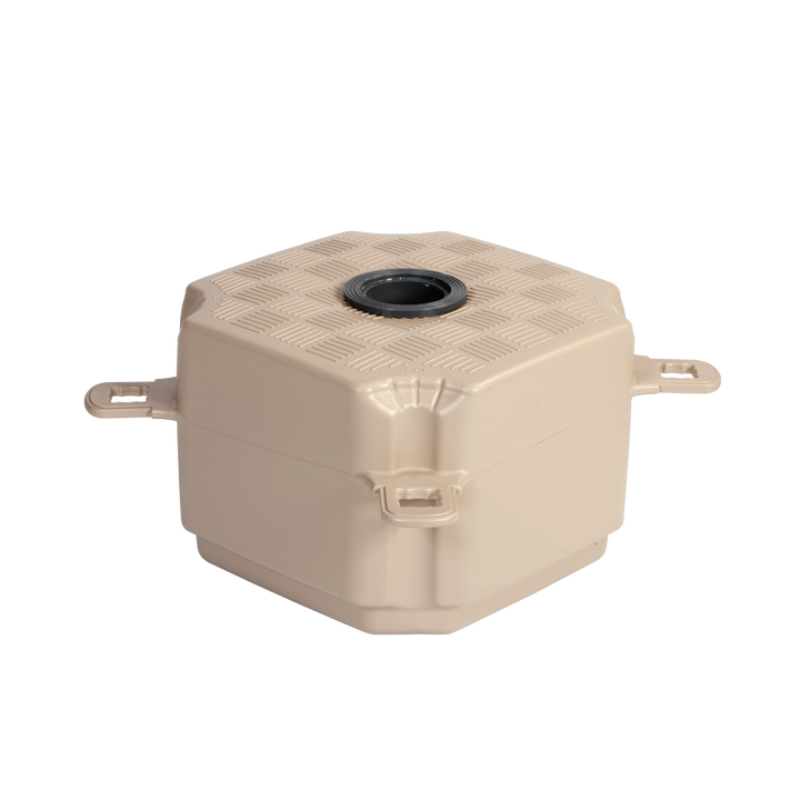 Post cube for secure dock anchoring, featuring a cylindrical opening for 2 7/8" galvanized steel pipe and a PVC cover for enhanced stability and movement.