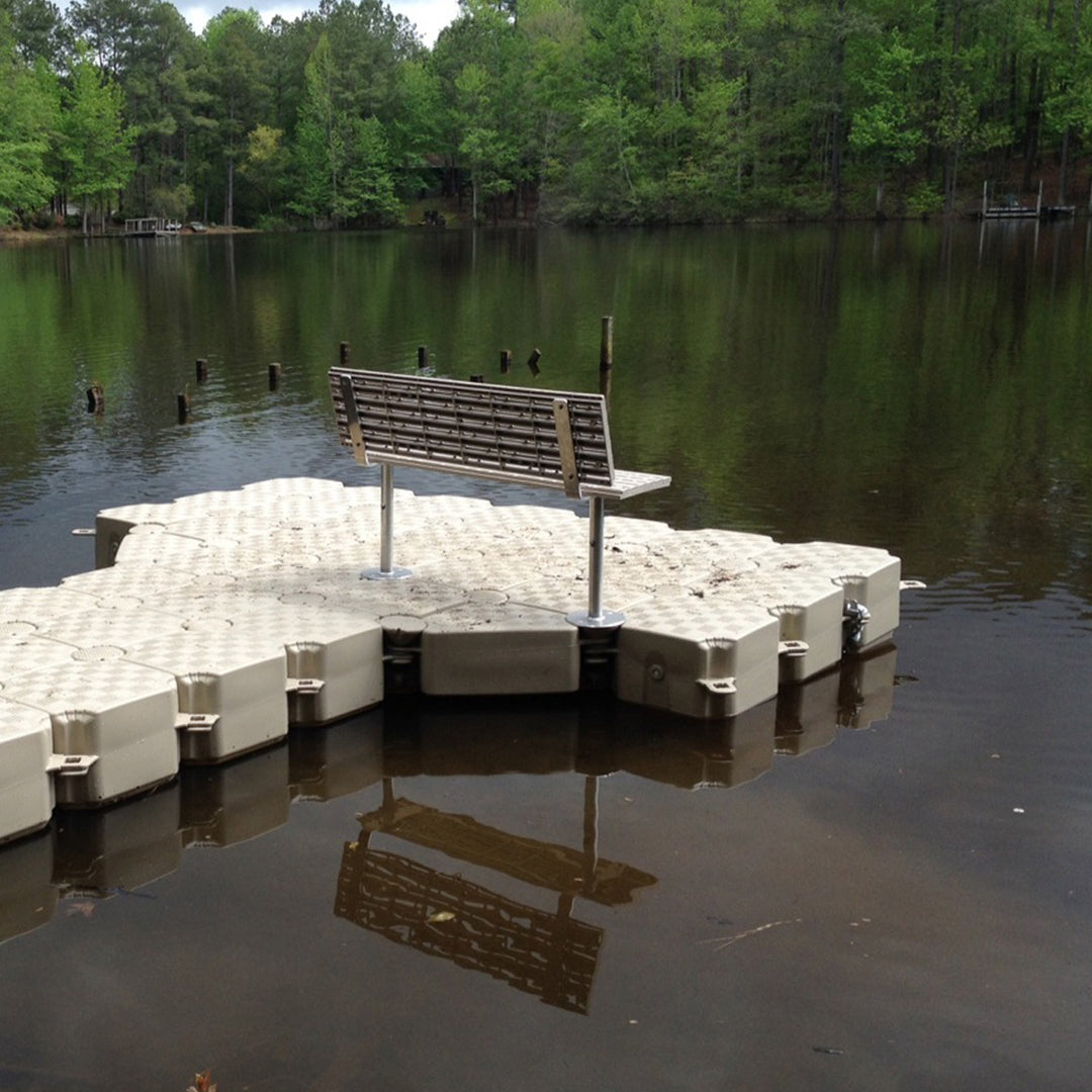 Versatile aluminum bench with a plastic seat and backrest, perfect for adding a modern and harmonious look to your dock and waterfront area.