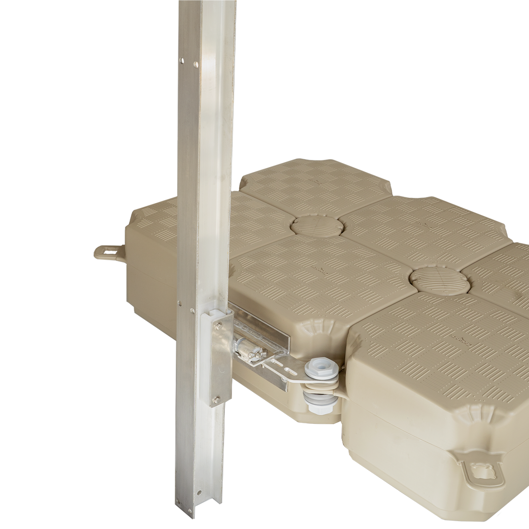Sliding anchoring system with 8 ft H beam for smooth dock movement in fluctuating water levels – ideal for canals and marinas.