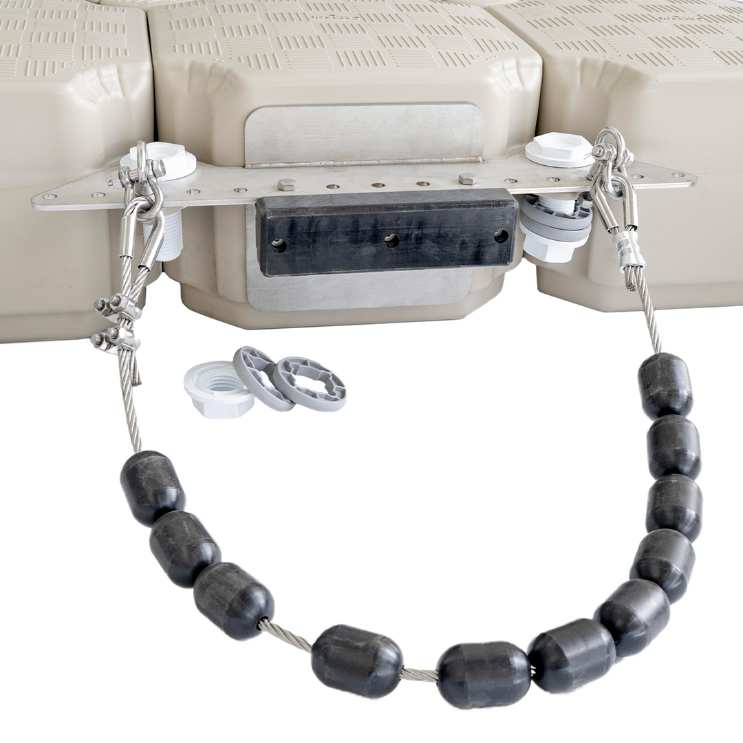 Adjustable pile guide with rollers on stainless steel cables for smooth dock alignment and stability