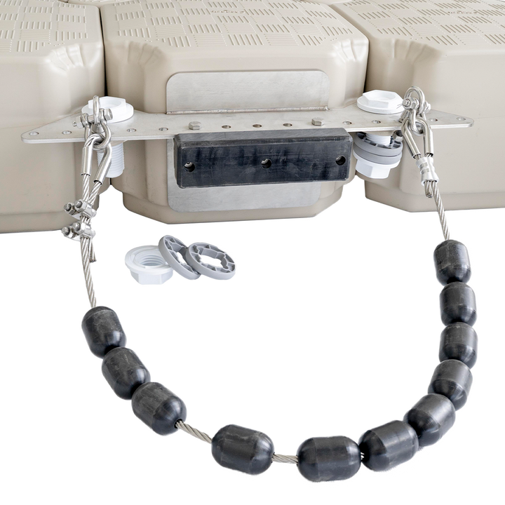 Adjustable pile guide with rollers on stainless steel cables for smooth dock alignment and stability