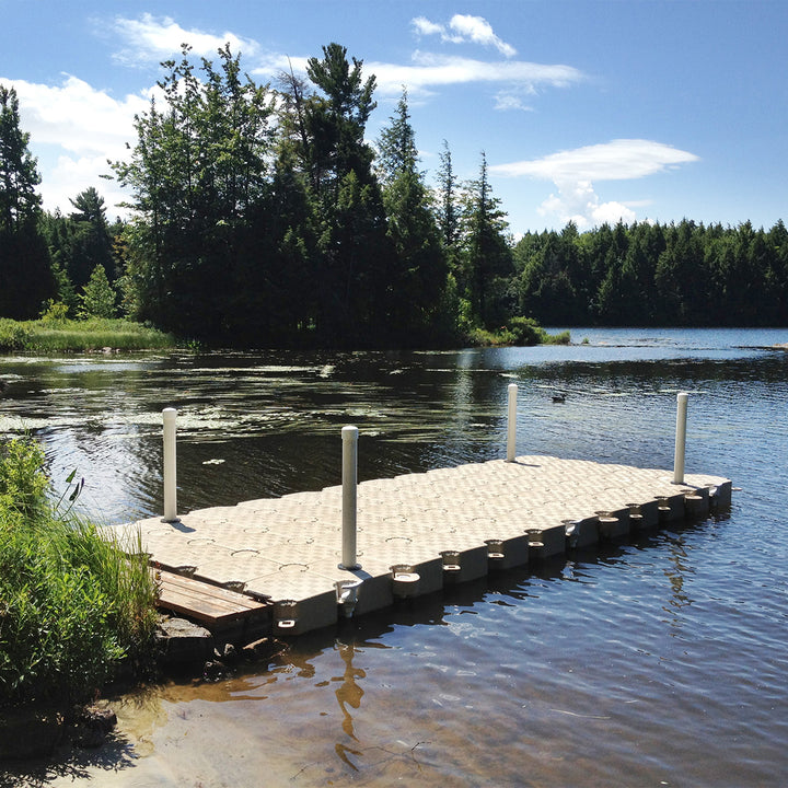 Post cube anchoring unit with PVC cover and cylindrical opening for 2 7/8" pipe, ideal for stable dock installations and tidal area use.