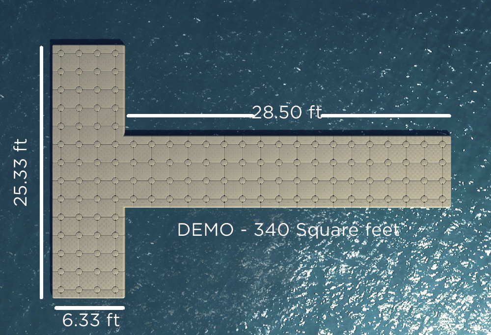Customizable 'T' Shape Dock - 340 sq ft, featuring 99 G2 cubes, 70 edge cubes, 8 corner cubes, along with connecting pins, sliding nuts, and spacers for flexible dock configurations