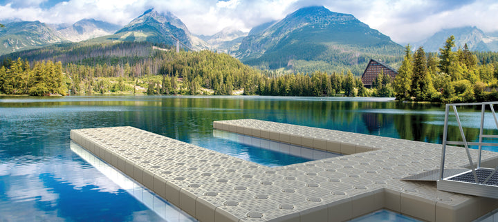 U Shape Dock - 475 sq ft layout featuring 146 G2 cubes, 98 edge cubes, 12 corner cubes, and 198 connecting components, designed for expansive and versatile docking needs