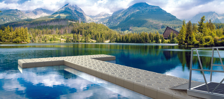 T" Shape Dock - 340 sq ft by Candock, showcasing a configuration with 99 G2 cubes, 70 edge cubes, 8 corner cubes, and necessary connectors and spacers. Perfect for versatile dock setups.