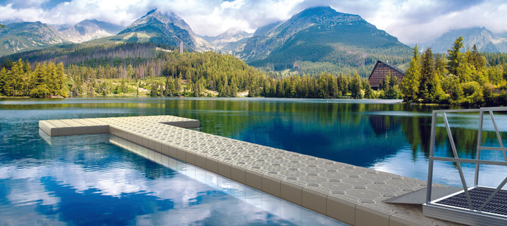 "T Shape Dock - 470 sq ft configuration featuring 144 G2 cubes, 84 edge cubes, 8 corner cubes, and 188 connecting pins, sliding nuts, and spacers for a versatile dock setup."