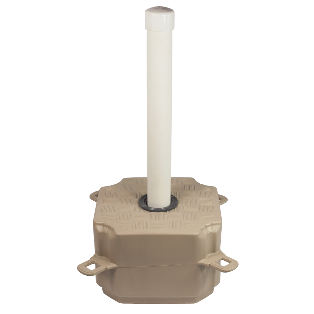 Post cube anchoring solution with cylindrical opening and PVC cover, designed for robust dock installations and effective movement adaptation.
