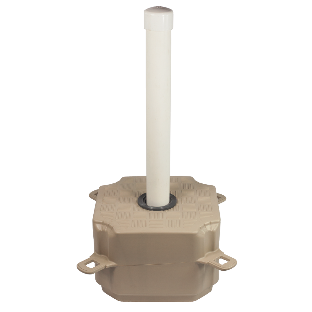 Post cube anchoring solution with cylindrical opening and PVC cover, designed for robust dock installations and effective movement adaptation.
