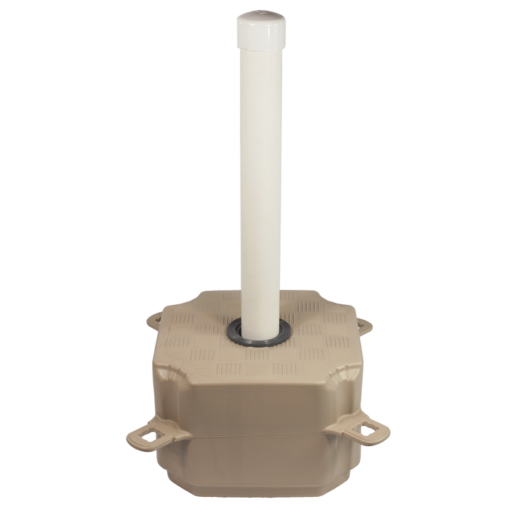 Post cube anchoring solution with cylindrical opening and PVC cover, designed for robust dock installations and effective movement adaptation.